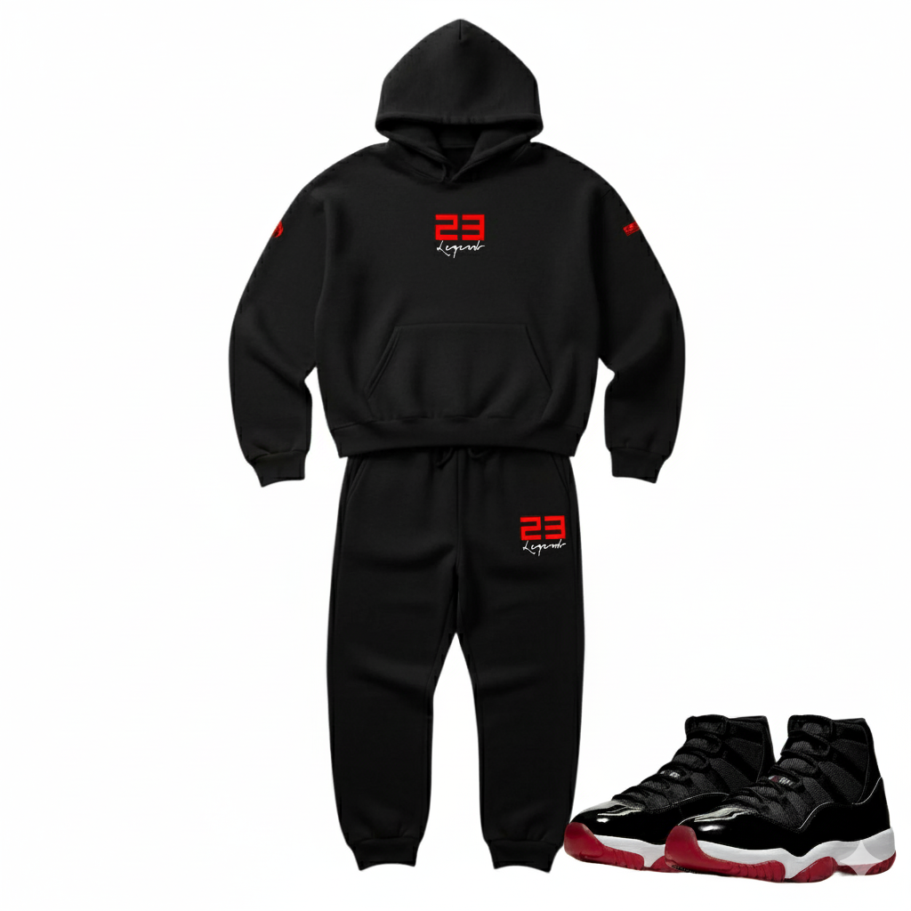 Men's 23 Legend Black Red Sneaker Sweatsuit To Match Air Jordan 11 Bred