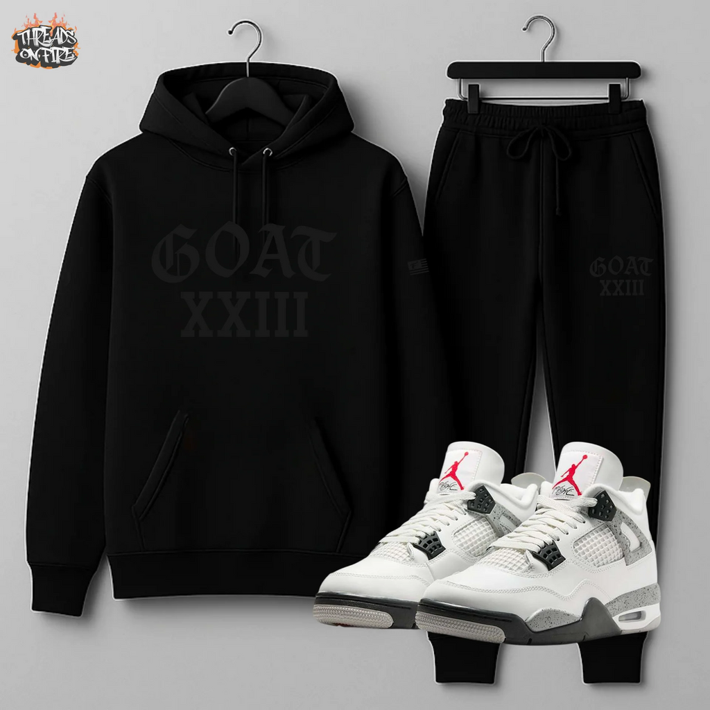 GOAT XXIII Black-on-Black Sweatsuit – Men's Hoodie & Joggers To Match Air Jordan 4 White Cement