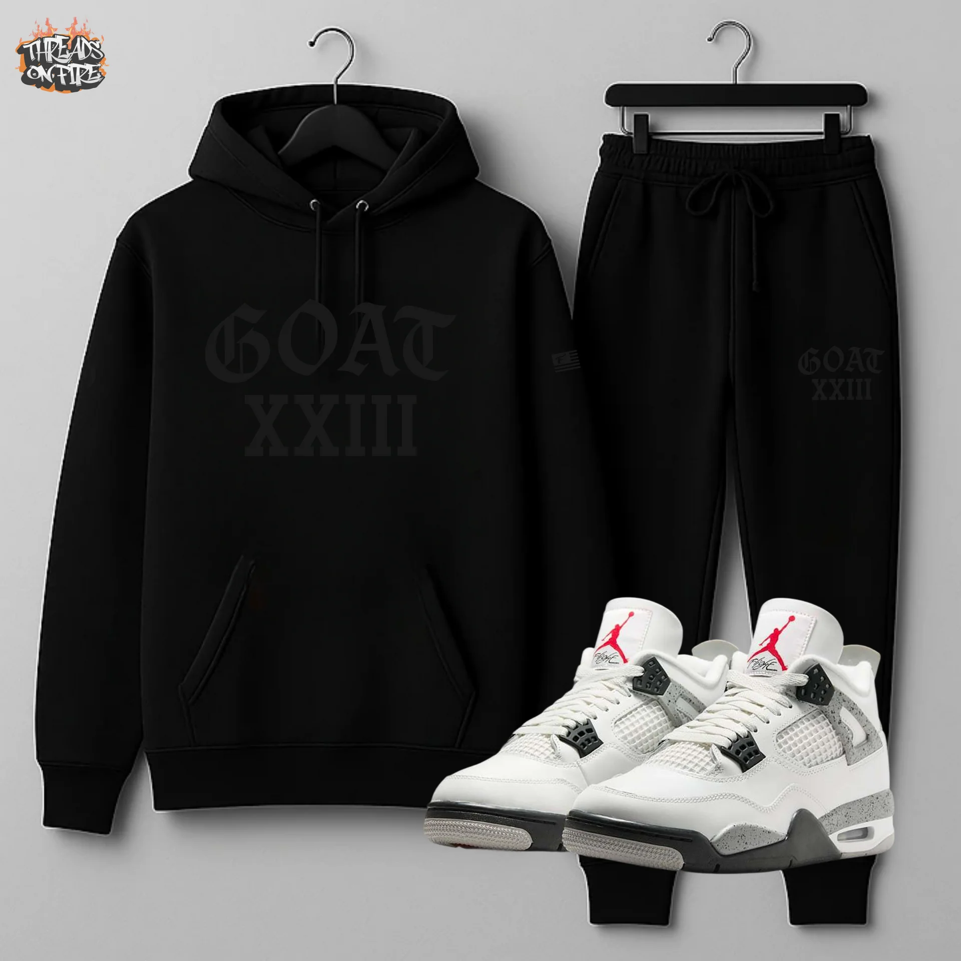 GOAT XXIII Black-on-Black Sweatsuit – Men's Hoodie & Joggers To Match Air Jordan 4 White Cement